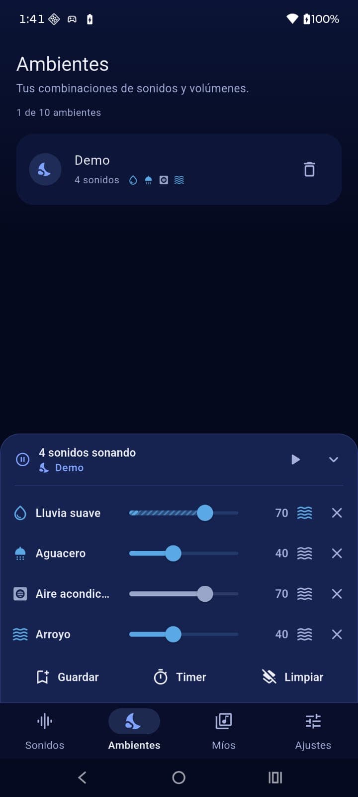 Ambiente guardado en Dormi con una combinación de cuatro sonidos