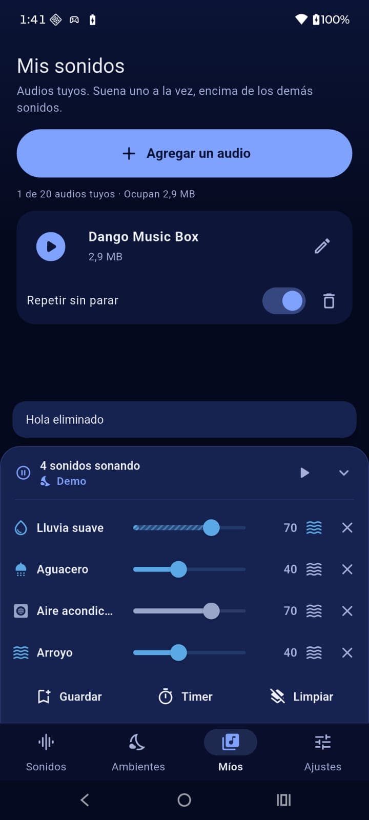 Vista Mis sonidos de Dormi para agregar y reproducir un audio propio